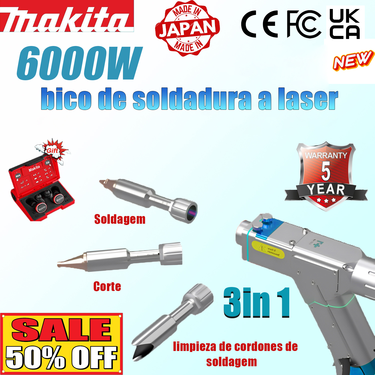 6000W 【3 em 1】: Soldadura + limpeza + corte (velocidade 10m/min, espessura 0-10mm)